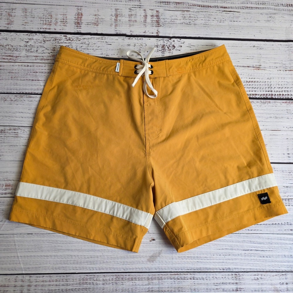 Banks Journal Mens Mustard Yellow Striped Board Shorts Size 34x6 Swim Trunks